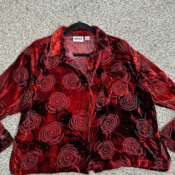 Chico's slik blend burgundy red burn out velvet blouse size 2 gothic Fariy - Picture 11 of 11